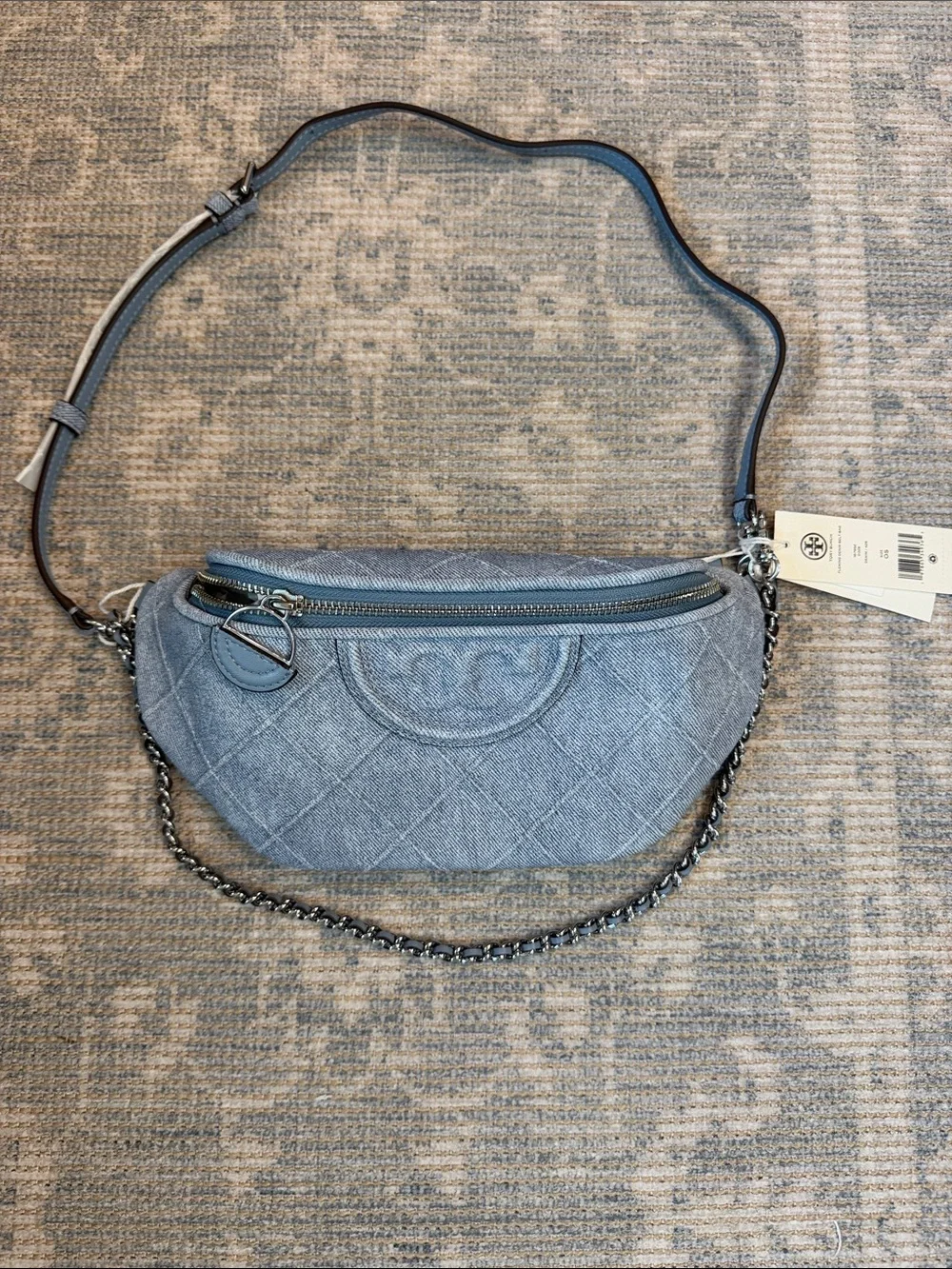 Tory Burch Denim-Print Suede Quilted Fleming with Chain Strap